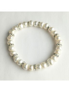 White Freshwater Pearl Sterling Silver CZ Rondelle Bracelet Stretch